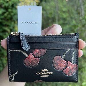 COACH Mini Skinny Id Case Cardholder Keychain Wallet w Cherry Print CDF83 NWT